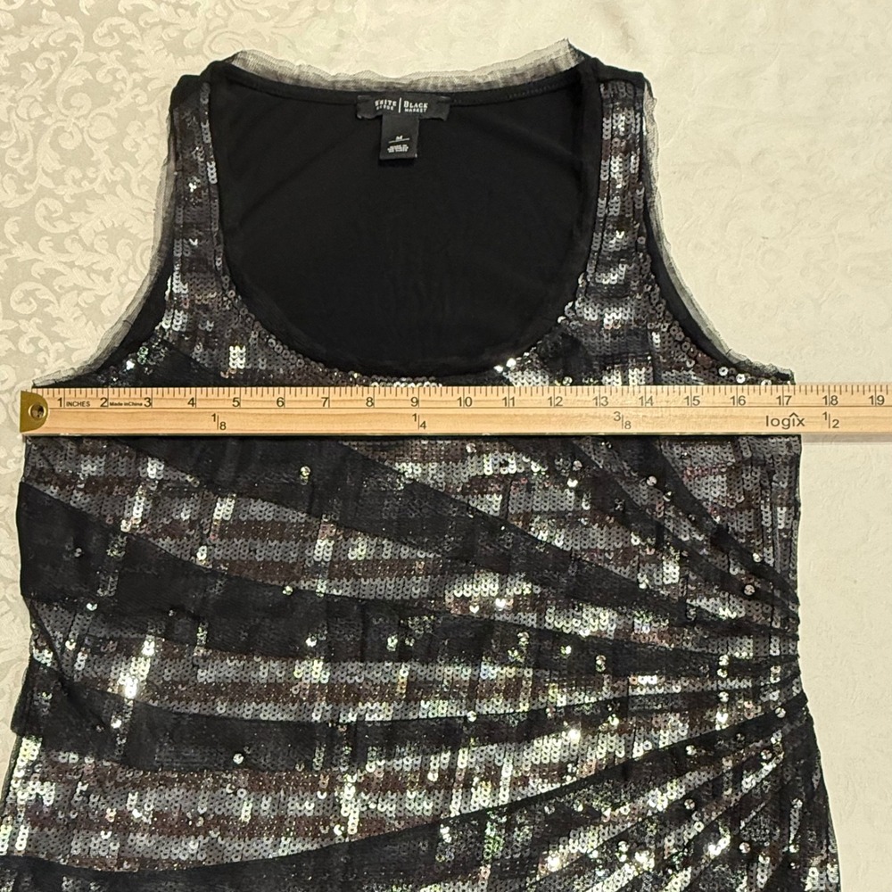 White House Black Market Sequin Tank Women Medium Black Silver Sunburst Glam - Picture 6 of 8